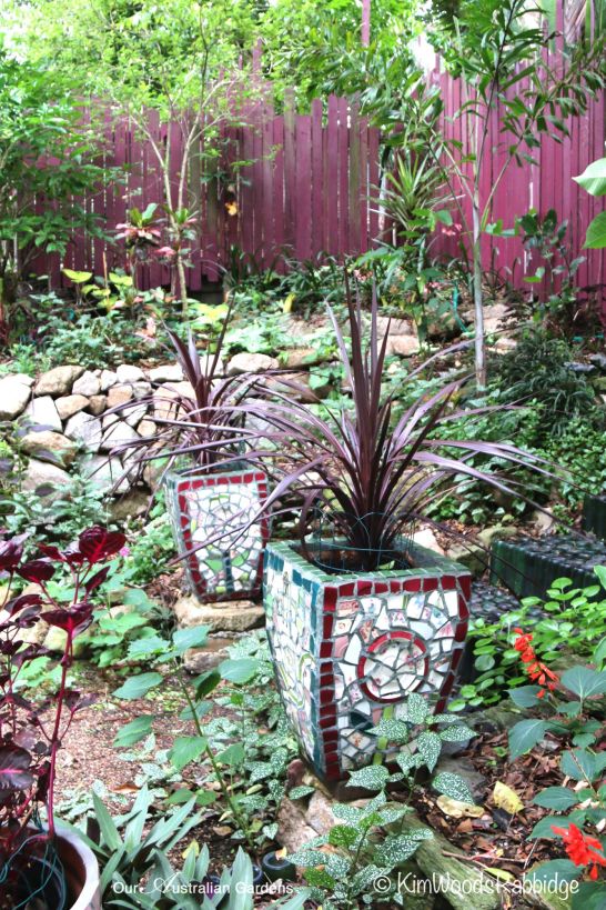 A pair of mosaic pots support hardy cordyline 'Burgundy Spire'.