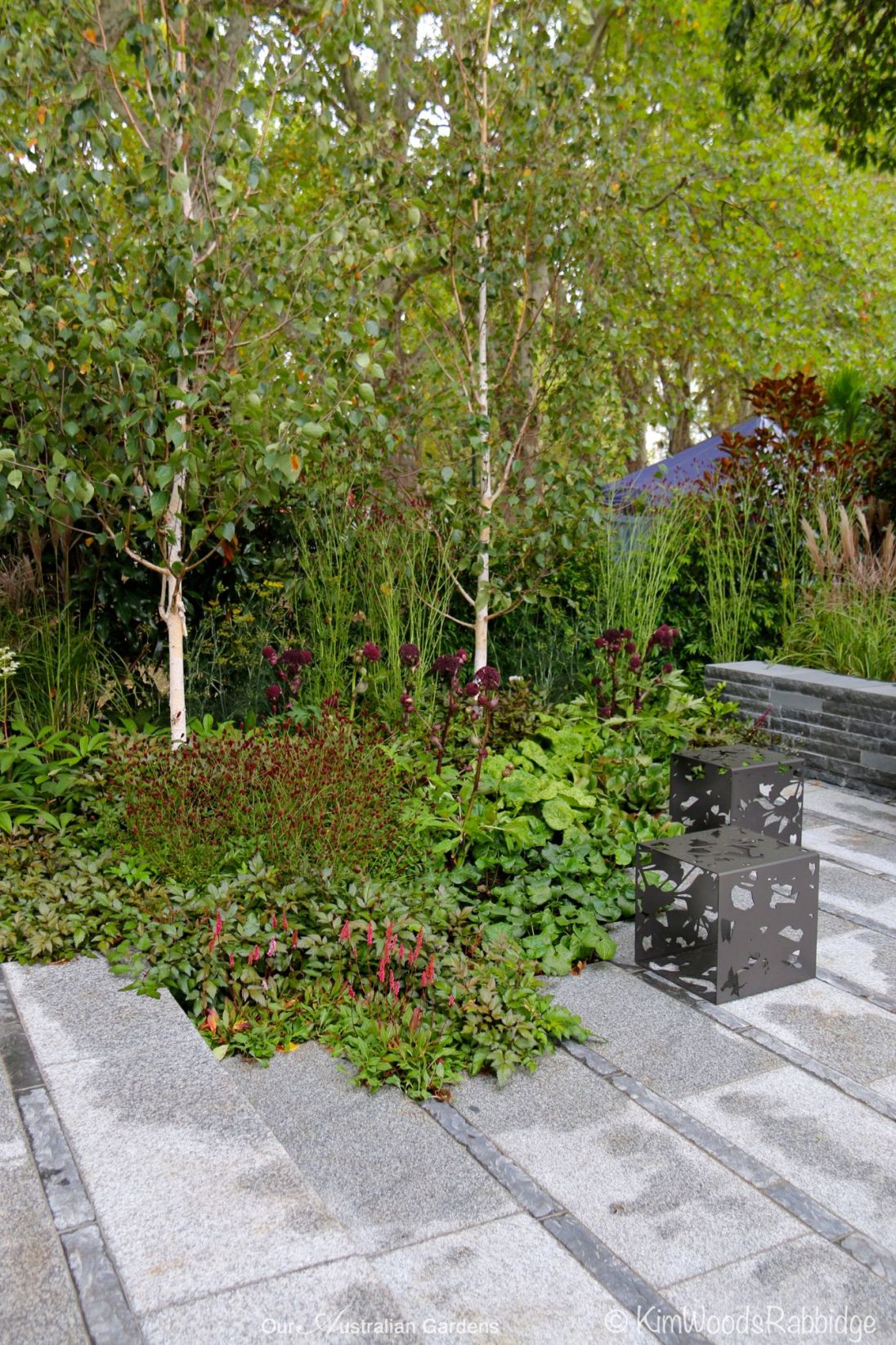 'Granito Grey' paving interspersed with strips of bluestone.