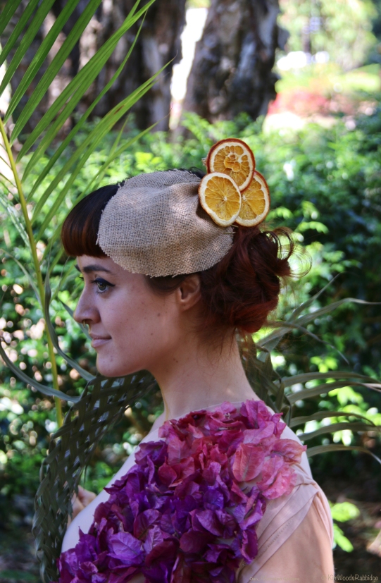 Detail: hessian leaf and citrus headpiece.